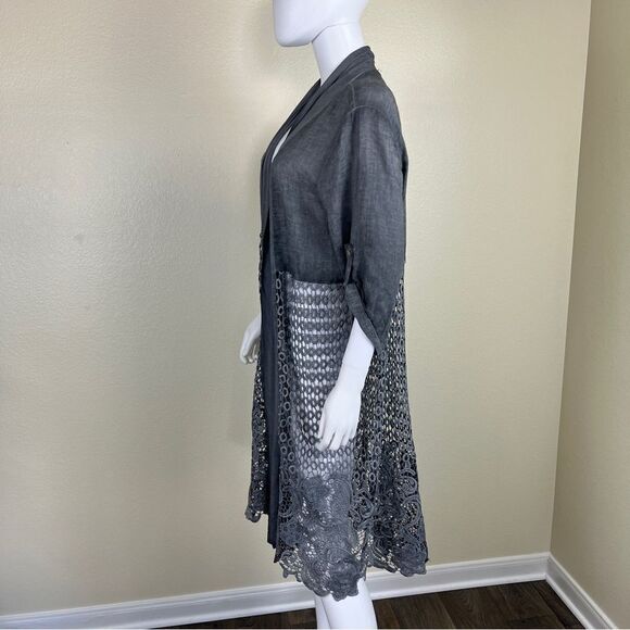 Italy Linen Women Size OS Gray Roll Sleeves Embroidered Cardigan NEW Long Line - Picture 7 of 15